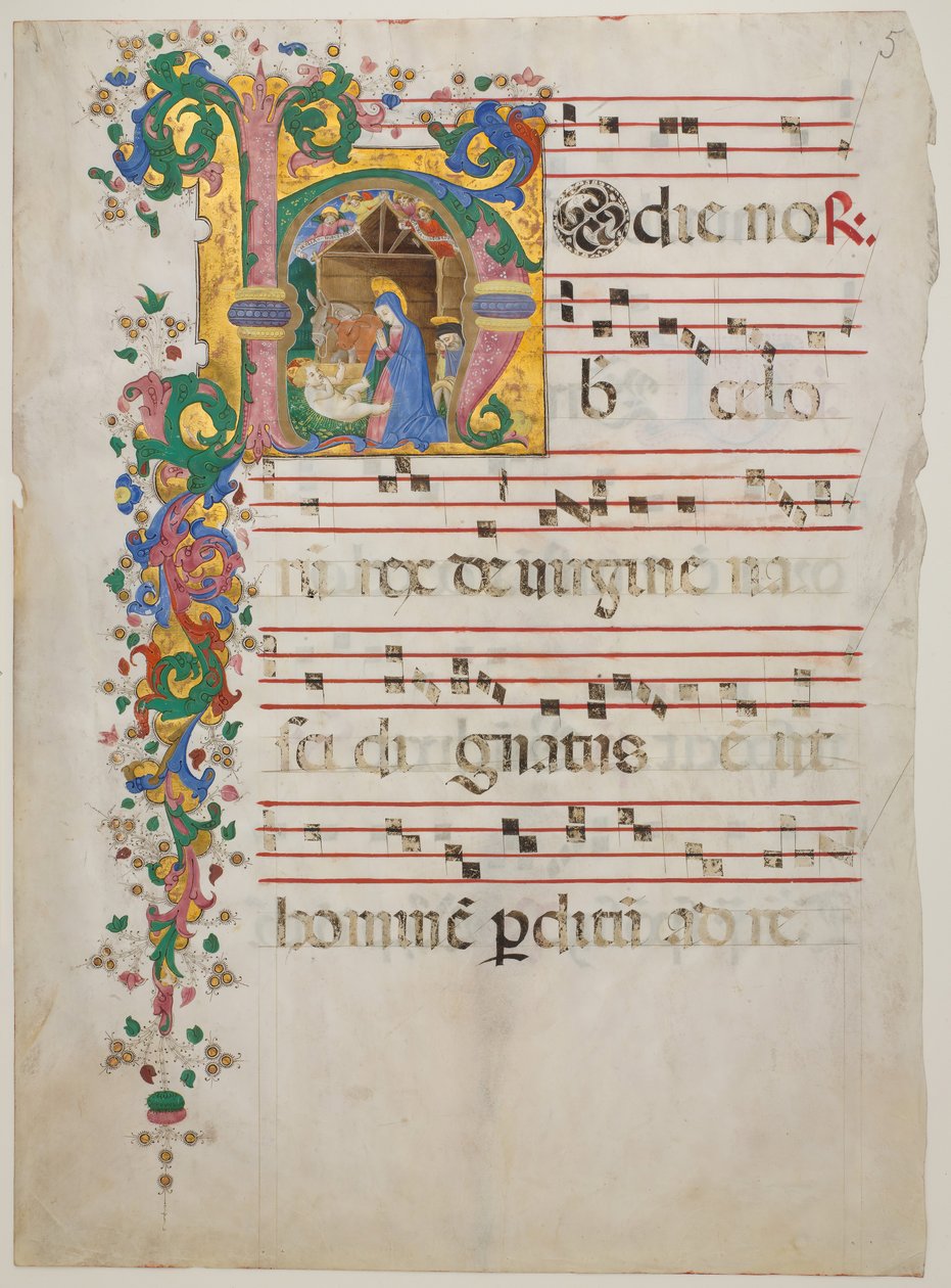 Manuskriptblad med födseln i ett initialt H, från ett antifonarium, andra hälften av 1400-talet. av Master of the Riccardiana Lactantius