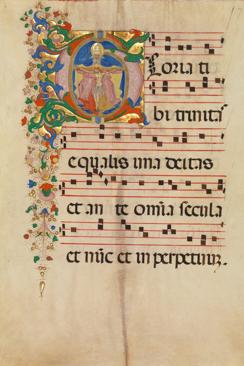 Manuskriptblad med treenigheten i ett initialt G, från ett antifonarium, italienska, andra hälften av 1400-talet av Master of the Riccardiana Lactantius