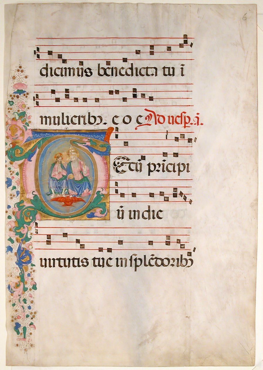 Manuskriptblad med treenigheten i ett initialt T, från ett antifonarium, andra hälften av 1400-talet. av Master of the Riccardiana Lactantius