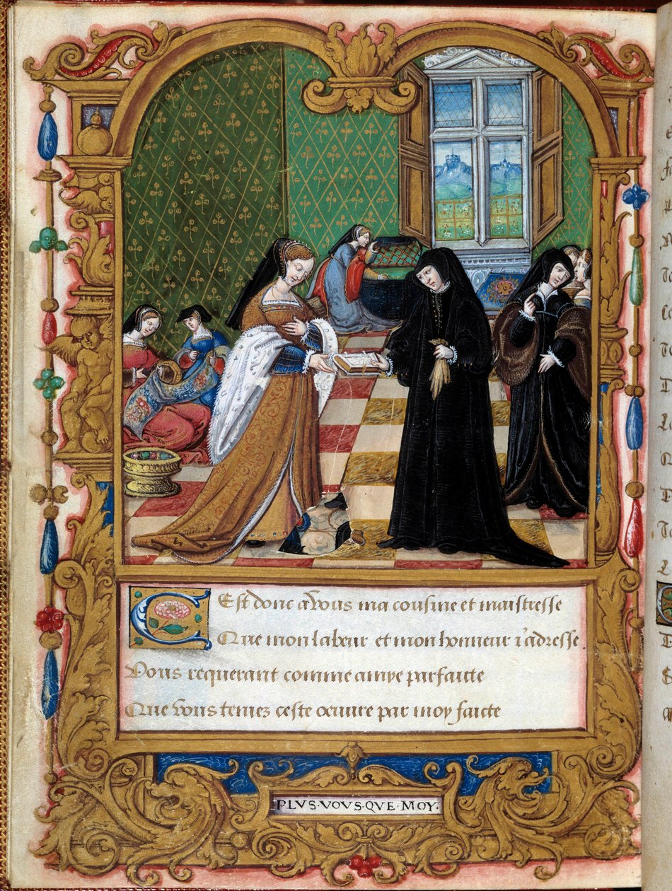 Margarita av Angoulema (1492-1549) Drottningen av Navarra presenterar sin bok till hertiginnan av Etampes och favoriten till Francois I Anne Pisseleu. Sidan hämtad från manuskriptet "" La coche ou Debat d