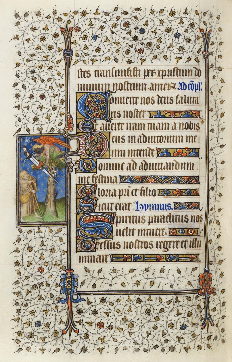 Ms 62 f.132v Bevingad figur i en trädtopp med en bok genomborrad av ett svärd, från "Hours of the Holy Spirit" av Guillaume de Deguilleville
