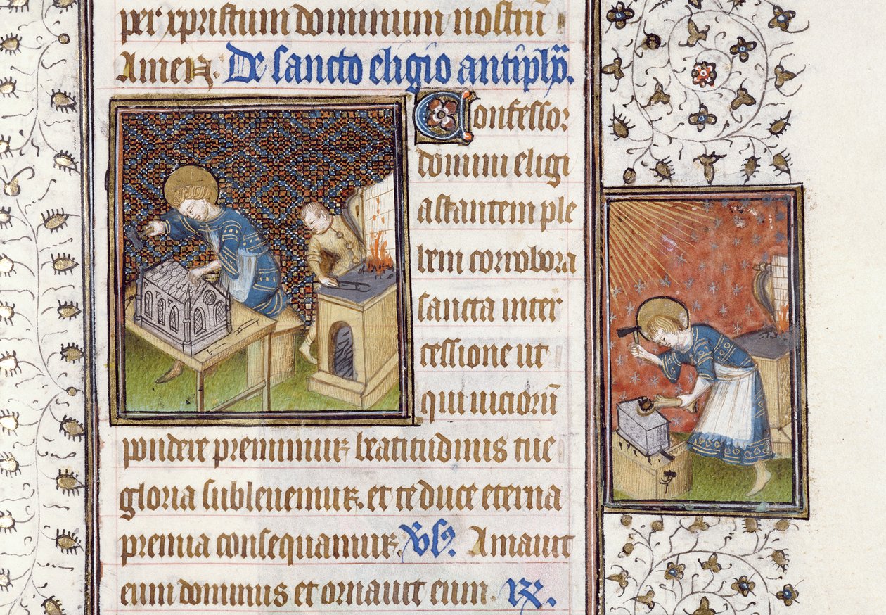 Ms 62 f.215r St Eligius gör en helgedom; St Eligius vid ett städ, ur en timbok av Master of the Rohan Hours