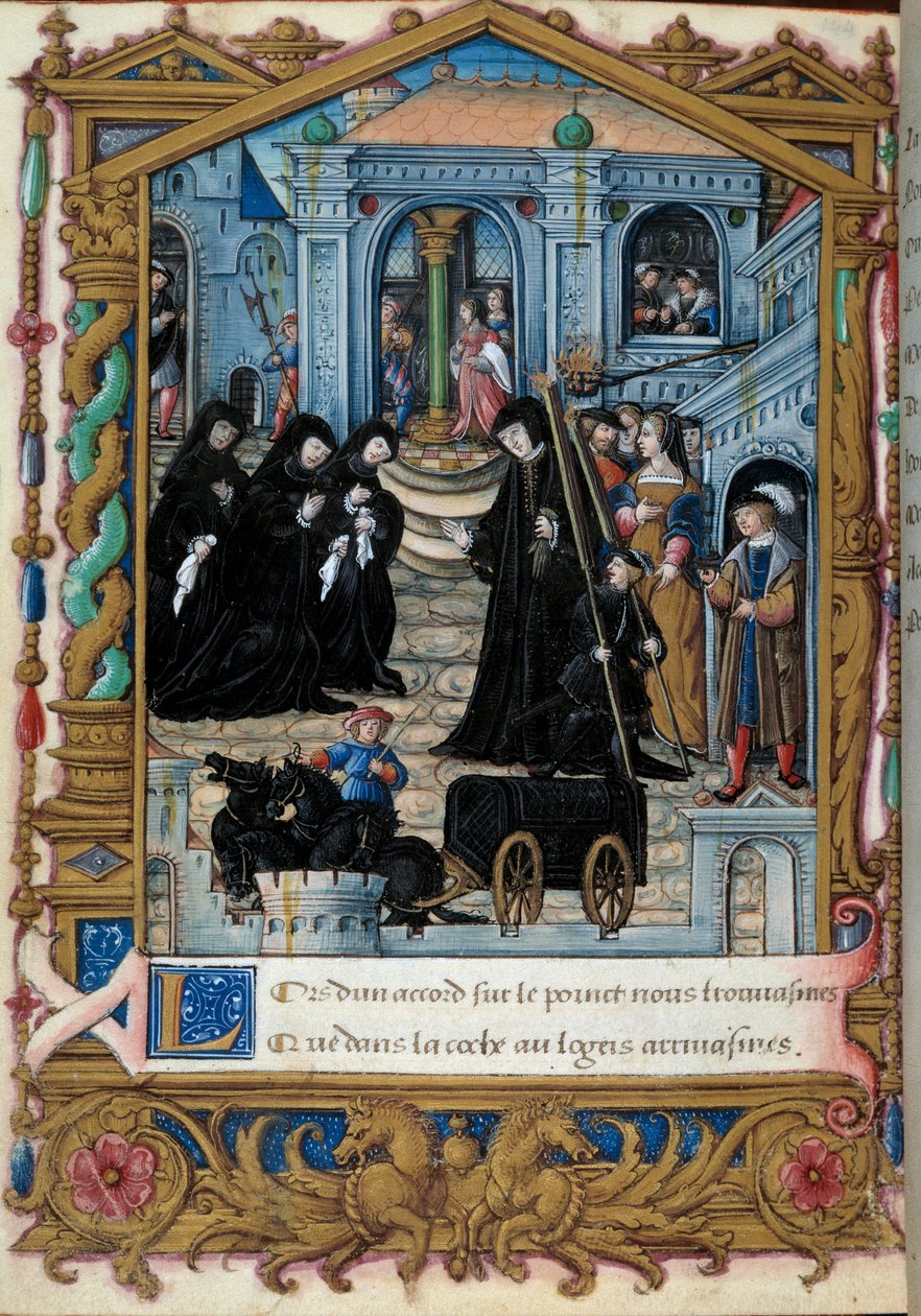 Representation av drottningen av Navarra Margarita av Angoulema (1492-1549) omgiven av sina följeslagare. Sidan hämtad från manuskriptet "" La coche ou Debat d