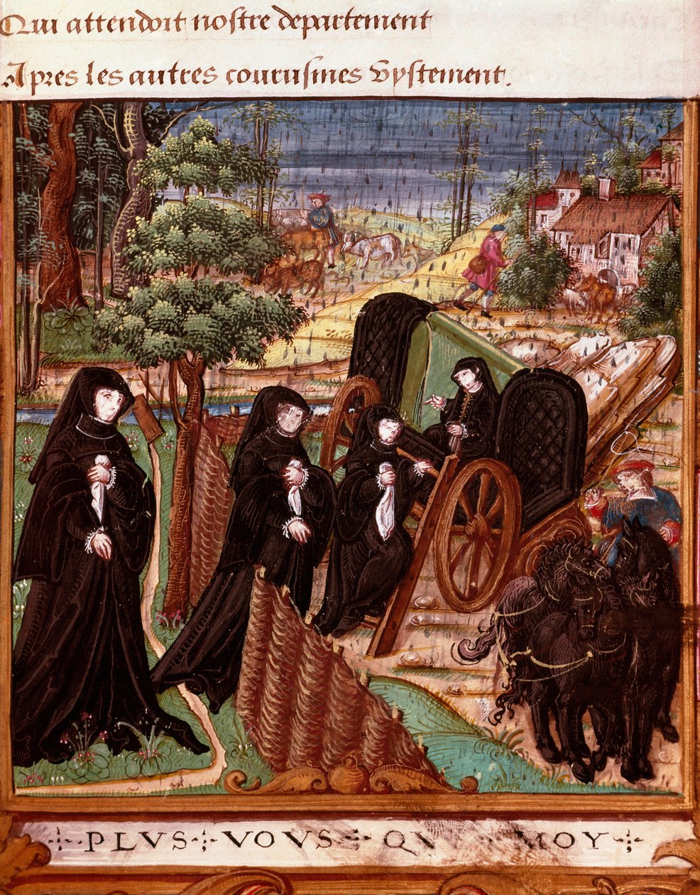Representation av drottningen av Navarra Margarita av Angoulema (1492-1549) omgiven av hennes följeslagare som går ombord på en vagn för en promenad"" Sidan hämtad från manuskriptet "" La coche ou Debat d