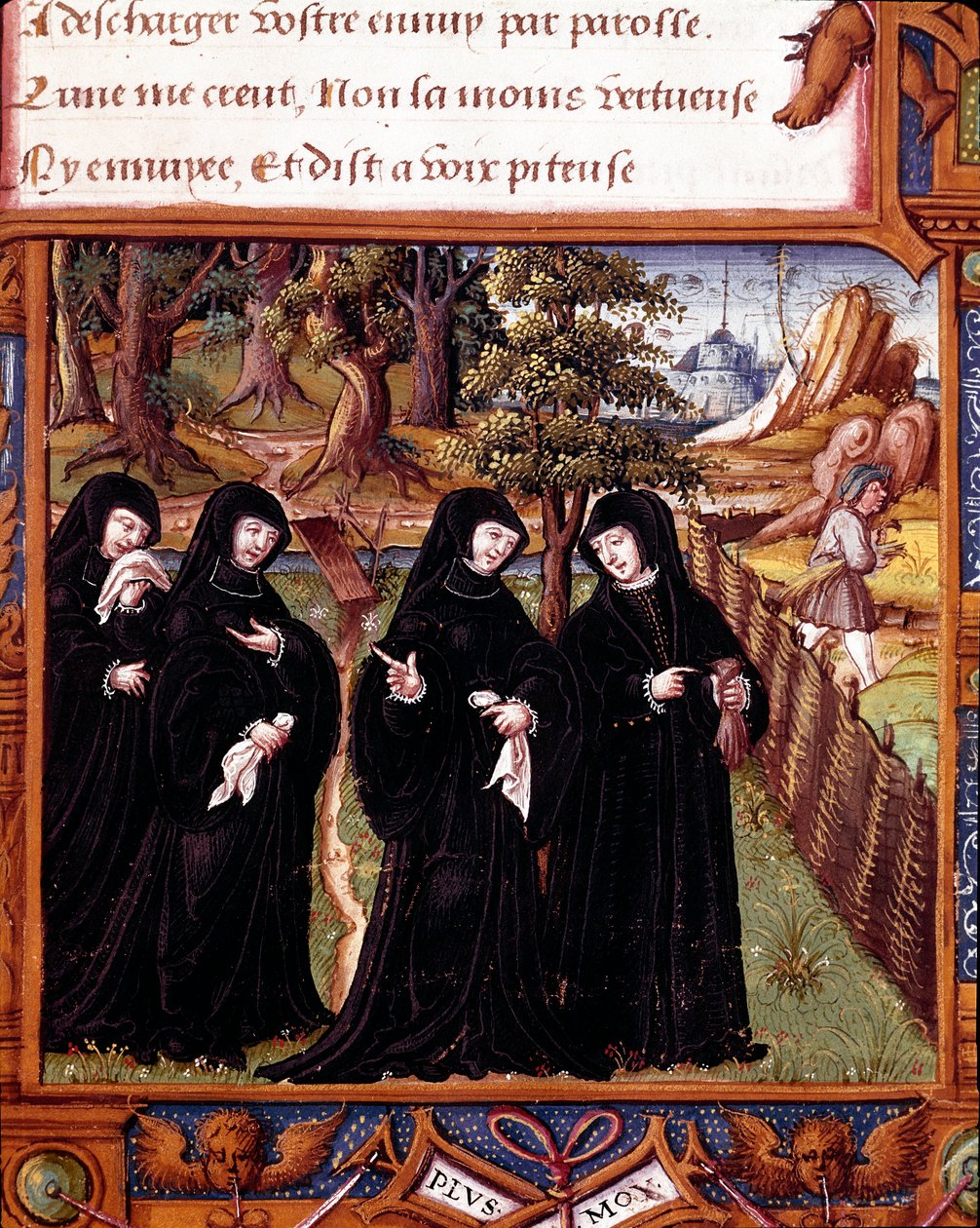 Representation av drottningen av Navarra Margarita av Angoulema (1492-1549) som pratar med sina kamrater. Sidan hämtad från manuskriptet "" La coche ou Debat d