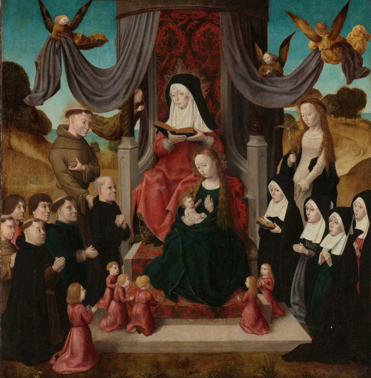 Jungfru och barn med Saint Anne och Saints Francis och Lidwina, med donatorer (Anna Selbdritt) av Master of the Saint John Panels