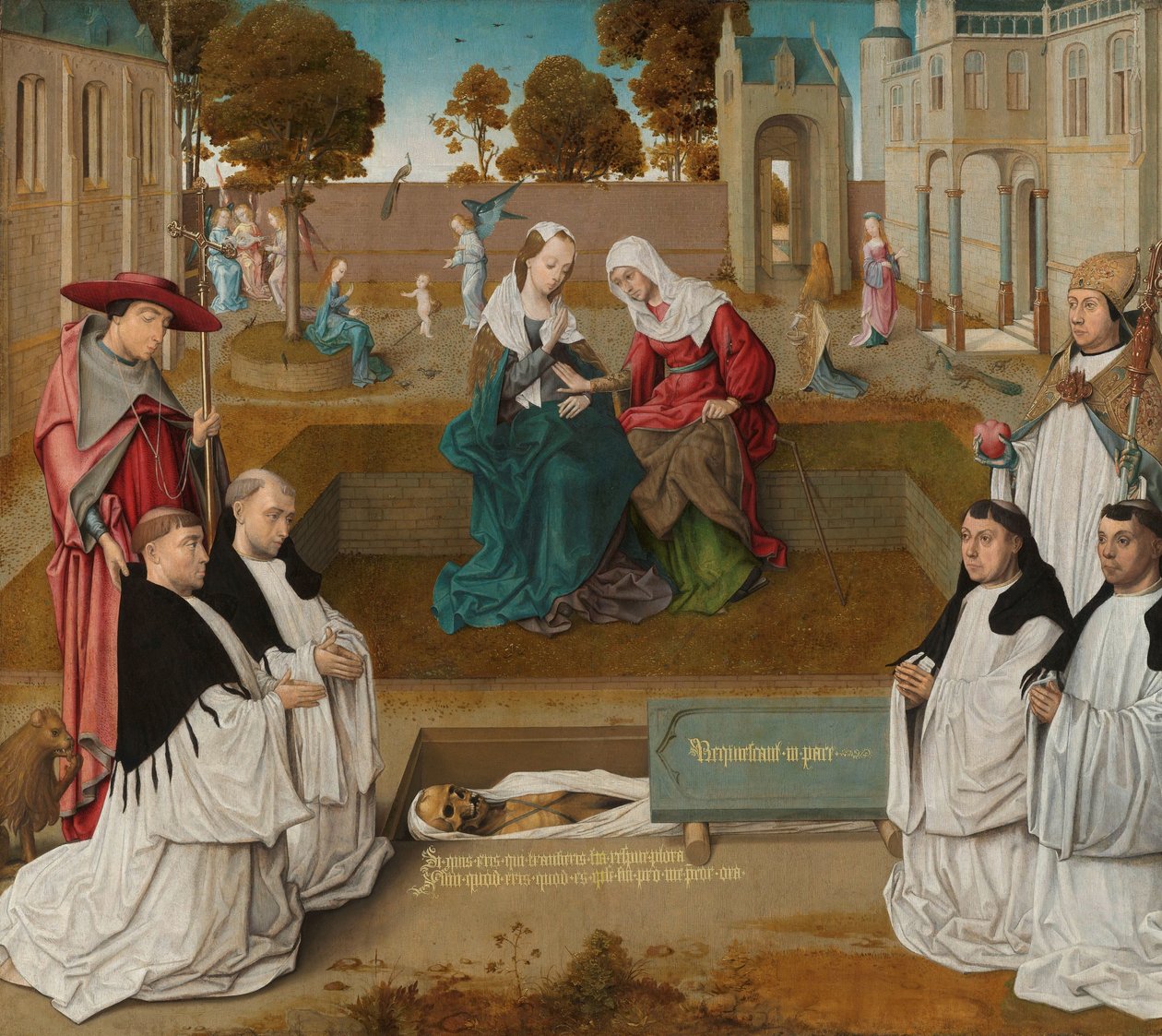 minnestavla Fyra kanoner med heliga Augustinus och Hieronymus vid en öppen grav med visitationen av Master of the Spes Nostra