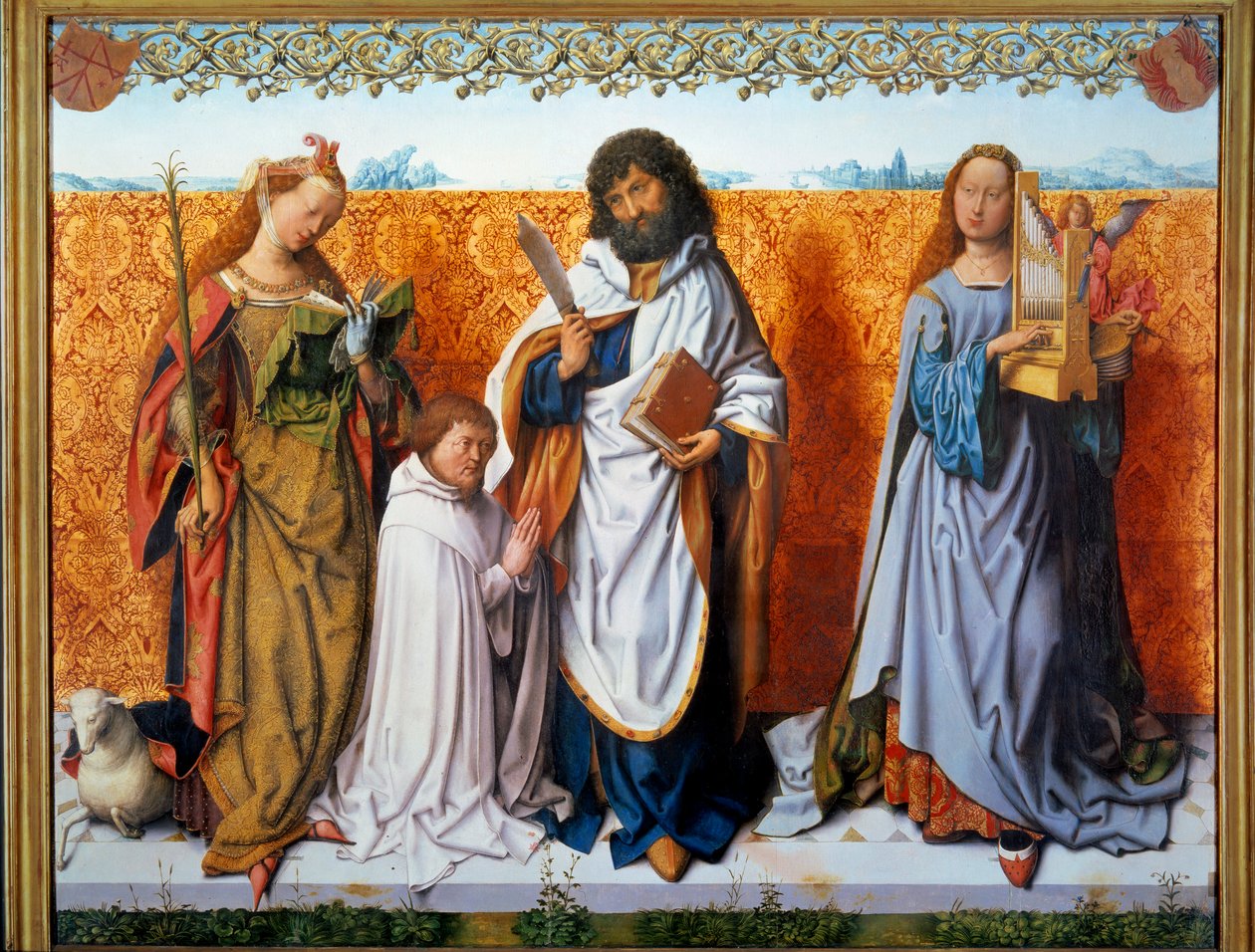 Centralpanel på Saint Bartholomes altare: Saint Agnes, Bartholome och Saint Cecile med en donator. Målning av mästaren i St. Bartholoma (1500-talet) Ec. Allt. av Master of the St. Bartholomew Altarpiece