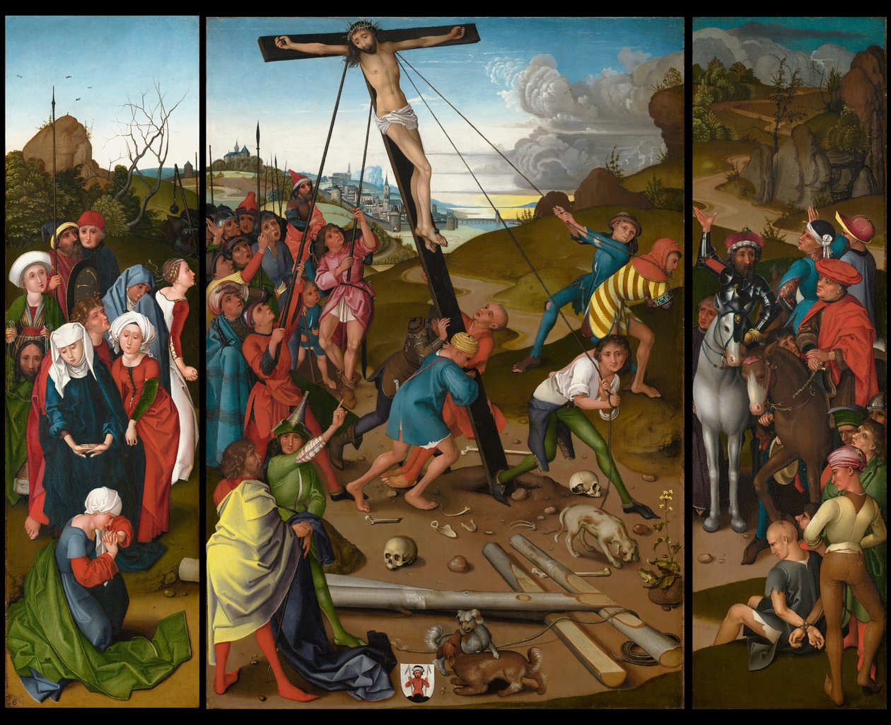 The Raising of the Cross [center, vänster och höger paneler], c. 14801490. av Master of the Starck Triptych