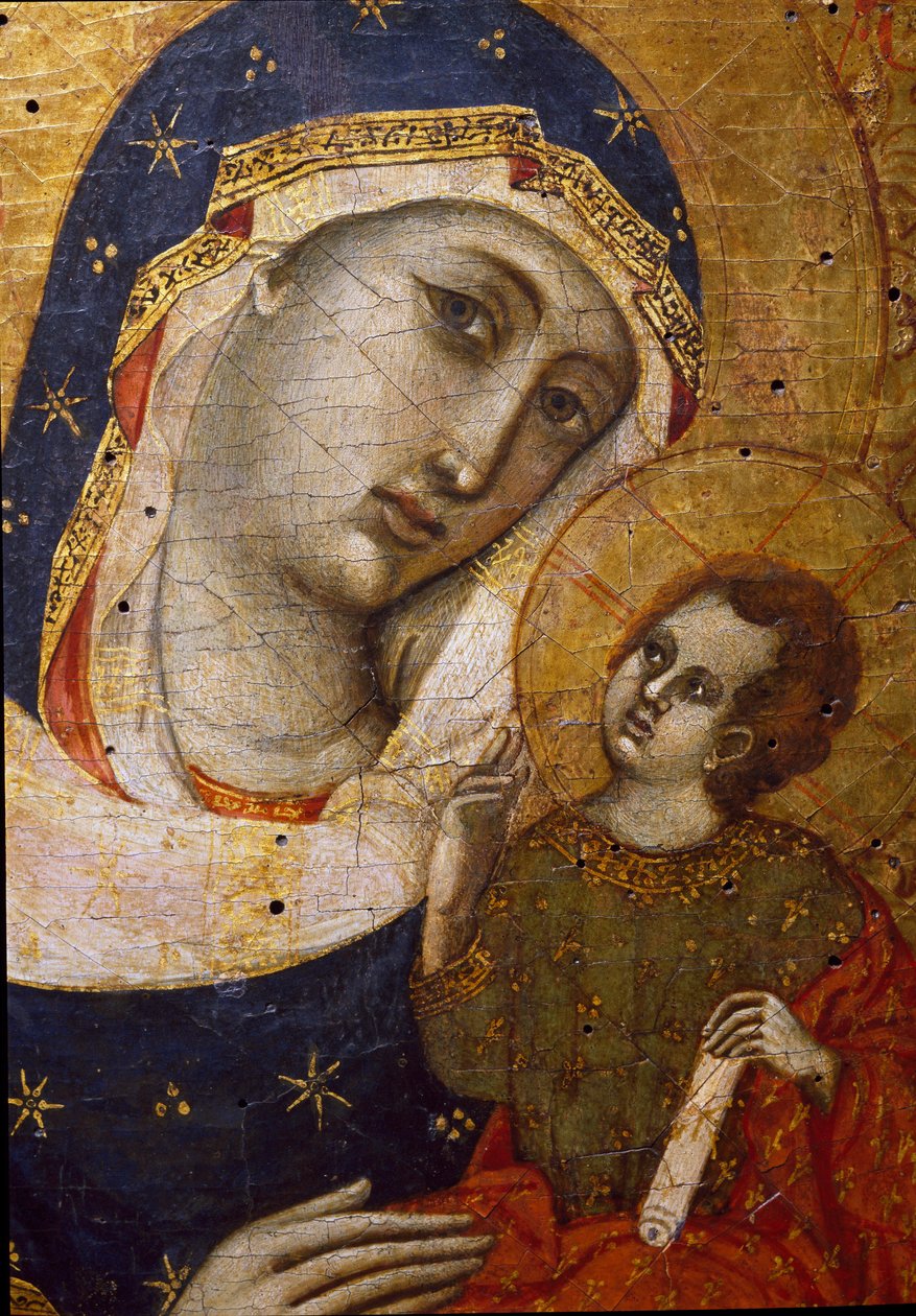 Jungfru med barn Detalj - Målning på trä av mästaren på diptyken Sterbini (1300-talet) Dim 33,5x26,7 cm Säte, Museo del Tesoro della Basilica di San Francesco av Master of the Sterbini Diptych