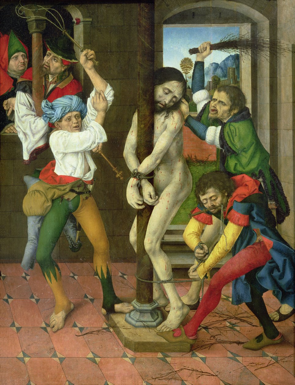 Kristi flagellation, sidopanel på Passions altartavla (olja på panel) av Master of the Strache Altar