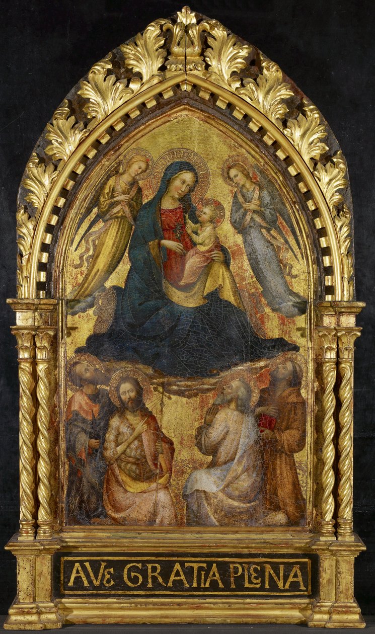 Jungfru och barn med änglar och fyra heliga, ca. 1400-15 (tempera och bladguld på panel) av Master of the Straus Madonna