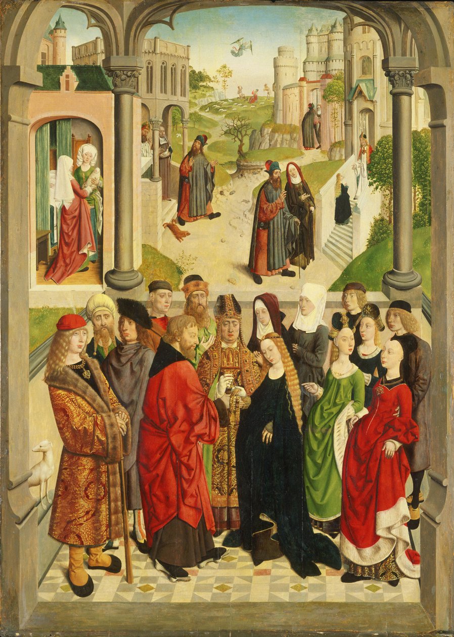 Holländska: Marias giftermål. I bakgrunden (från vänster till höger) Marias födelse, Joachim som jagas ut ur templet, förkunnelsen till Joachim, mötet vid Golden Gate och presentationen av Maria i templet Marias bröllop av Master of the Tiburtine Sibyl