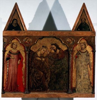 Triptyk: Jungfruns kröning flankerad av två helgon (tempera på panel) av Master of the Urbino Coronation