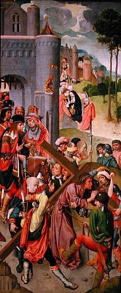 Kristus bär korset, sidopanel från en triptyk, ca 1490-talet (olja på panel) (se även 152537) av Master of the Virgo Inter Virgines