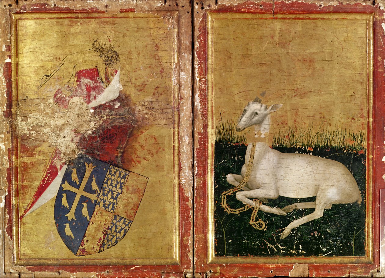 Vapensköld och White Hart, från "The Wilton Diptych" ca 1395-99 (äggtempera på ek) (a tergo) av Master of the Wilton Diptych