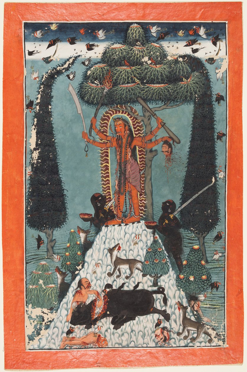 Gudinnan Kali står på en bergstopp, ca. 1730. av Master of the court of Mandi