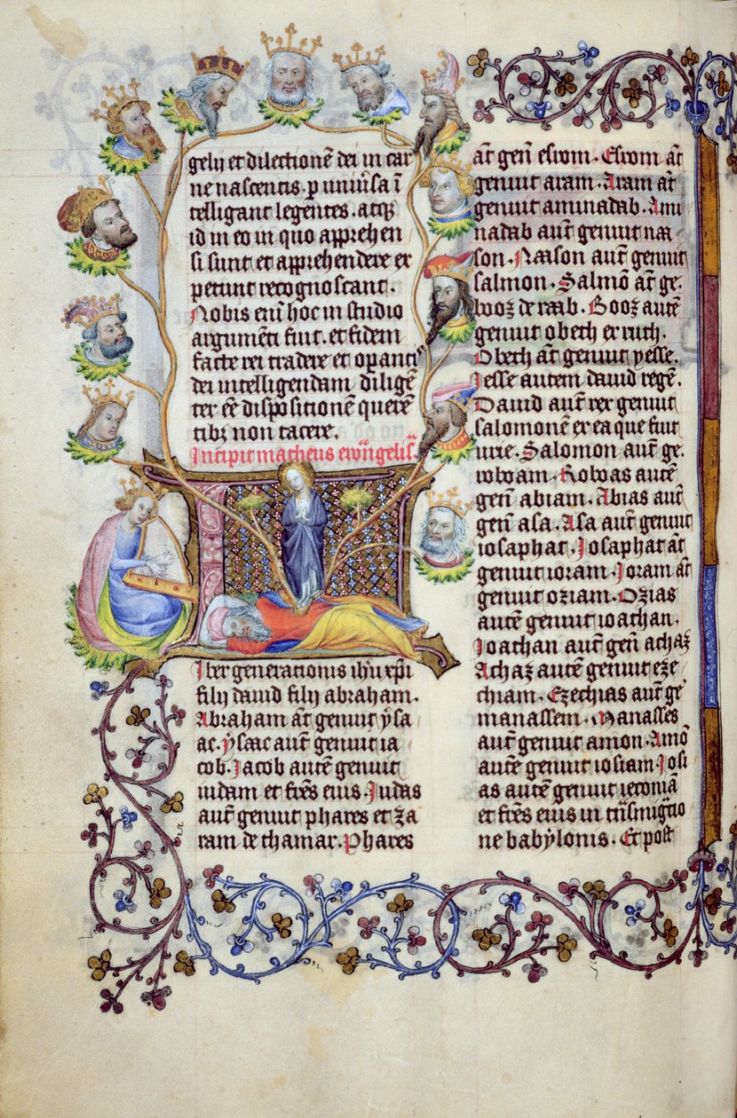 Ms 289.3 f.67v Isaias träd med en initial, från Matteusevangeliet, Utrecht, ca 1425 (bladguld, guldbläck och tempera på pergament) av Masters of Zweder van Culemborg