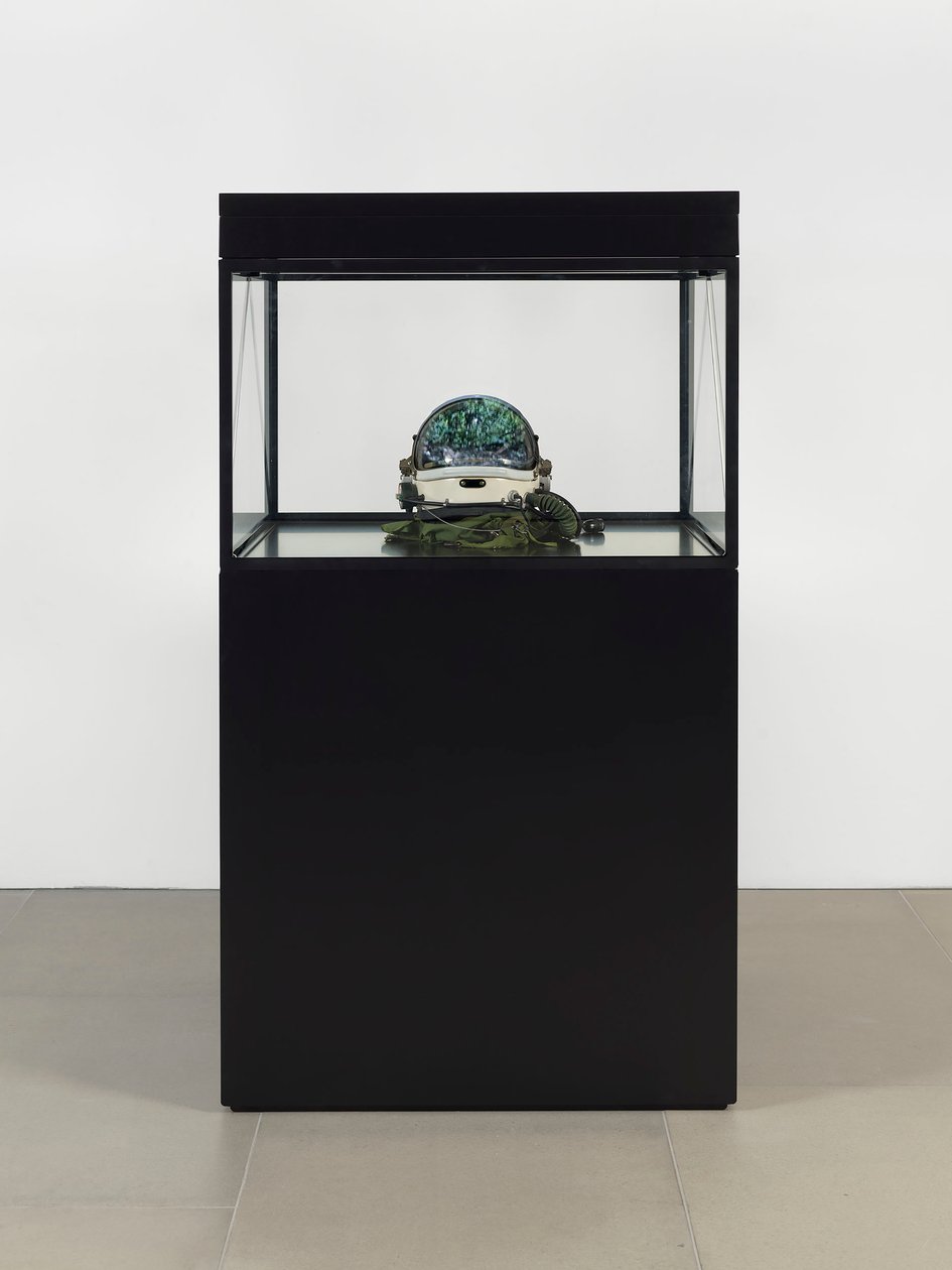 Alpha Omega, 2016 (Glas, LCD-skärm, mediaspelare, replikaskalle, rymdhjälm, trä) av Mat Collishaw