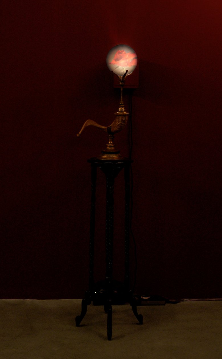 Hornblåsare, 2002 (glas, vatten, mässing, ramhorn, trä, videoprojektor och spelare) av Mat Collishaw
