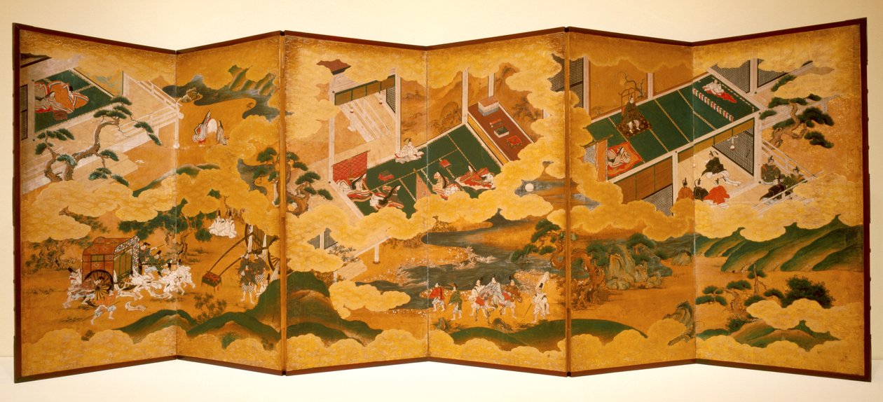 Tales Of Genji, c.1650 (bläck, färg och bladguld på papper, sexfaldig skärm) av Matabei Iwasa