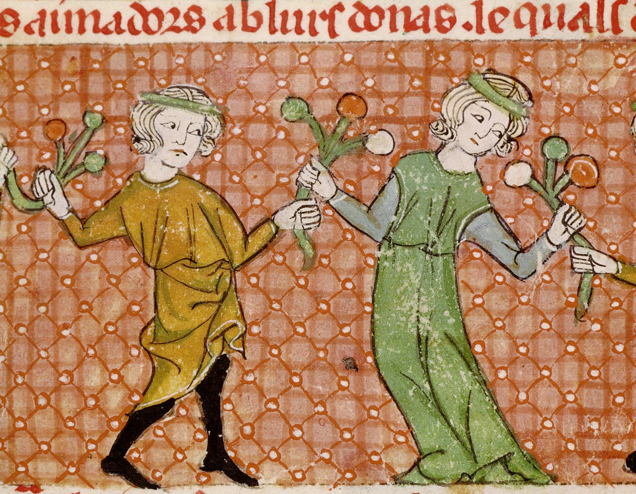 Fol.215v Frestelsen: Ett dansande par av Matfre Ermengaut