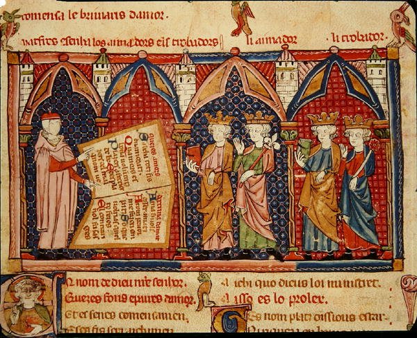 Fol.5v Mästare Ermengaut presenterar sin bok för fyra kungar av Matfre Ermengaut
