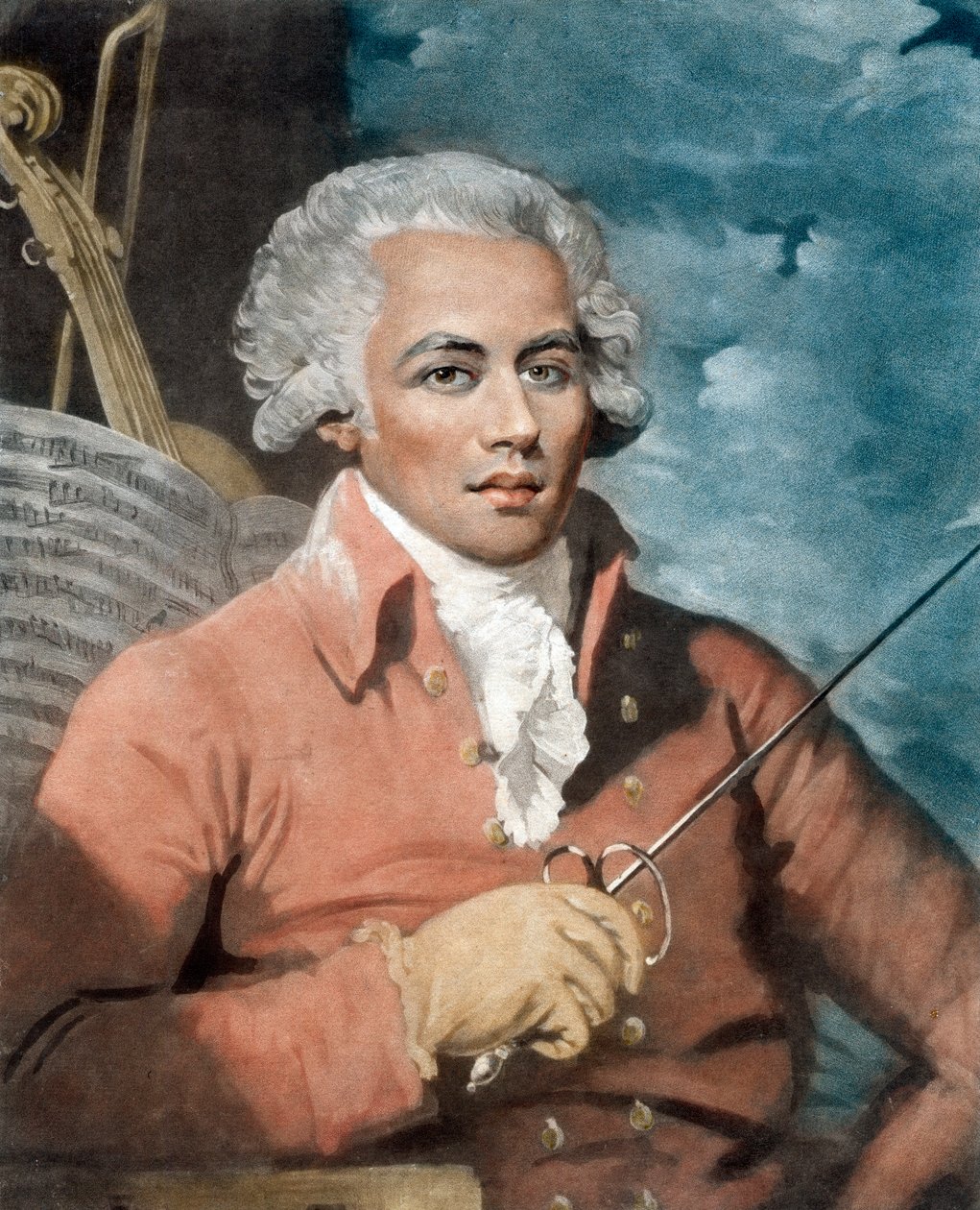 Joseph Boulogne (1748-99), riddare av Sankt Georg; son till en fransk plantageägare i Guadeloupe och en slav, Nanon, av afrikanskt ursprung - Porträtt av Joseph Boulogne (1748-1799), Chevalier de Saint Georges (Saint-Georges), kompositör med ursprung från  av Mather (after) Brown