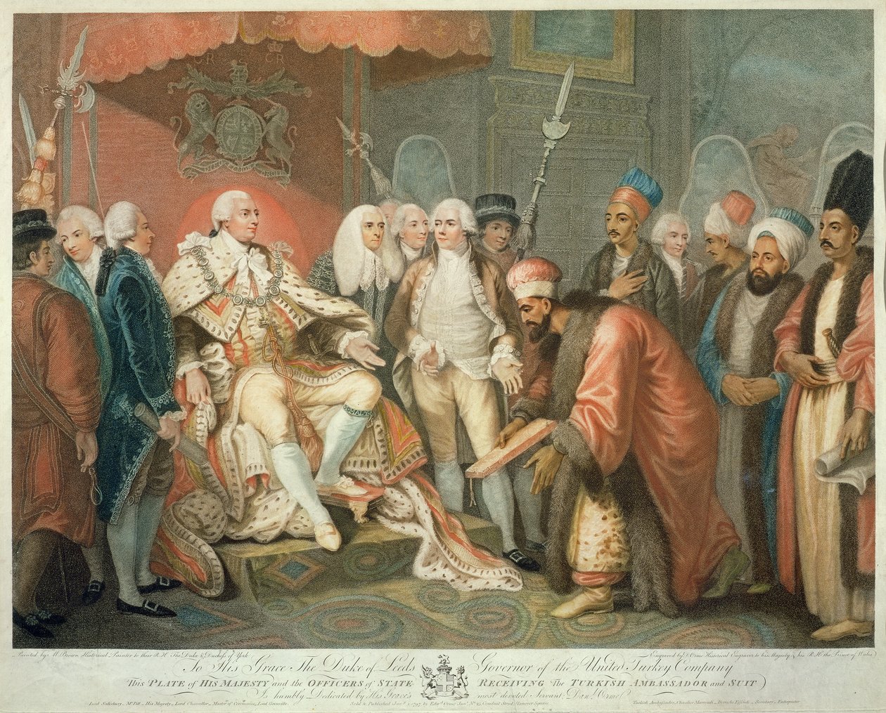 Hans majestät och statsofficerare som tar emot den turkiska ambassadören och kostymen, graverad av Daniel Orme (1767-s.1832), pub. av Edward Orme, 1797 (stippstick) av Mather Brown