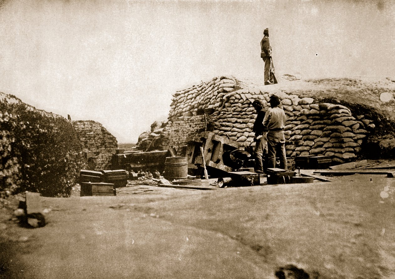 Försvar med sandsäckar och bursted gun, 1861-65 av Mathew B. Brady