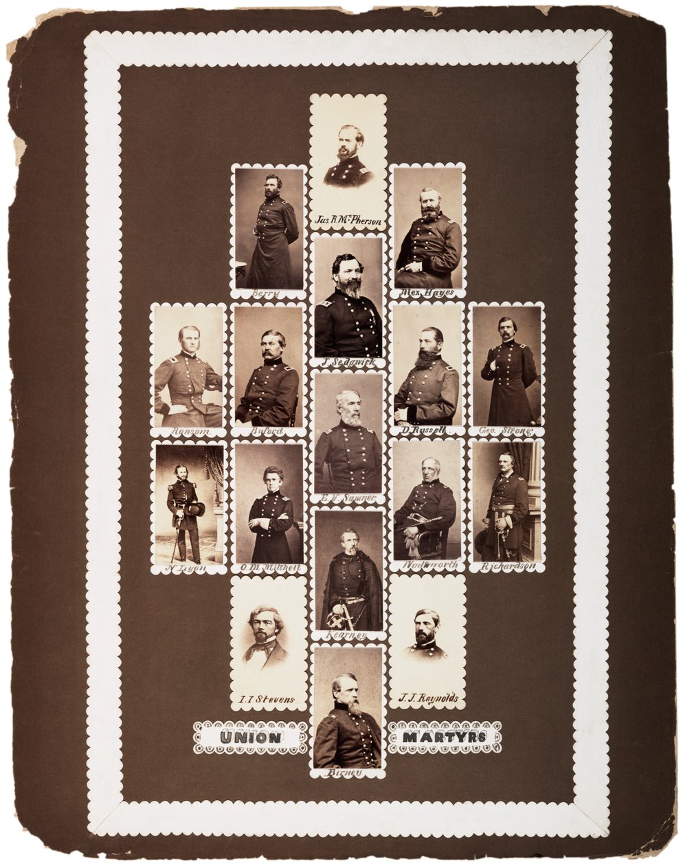 Union Martyrs, fotografier av unionsgeneraler som dödades under kriget (maquette), ca 1864 (sepiafoto) av Mathew B. Brady