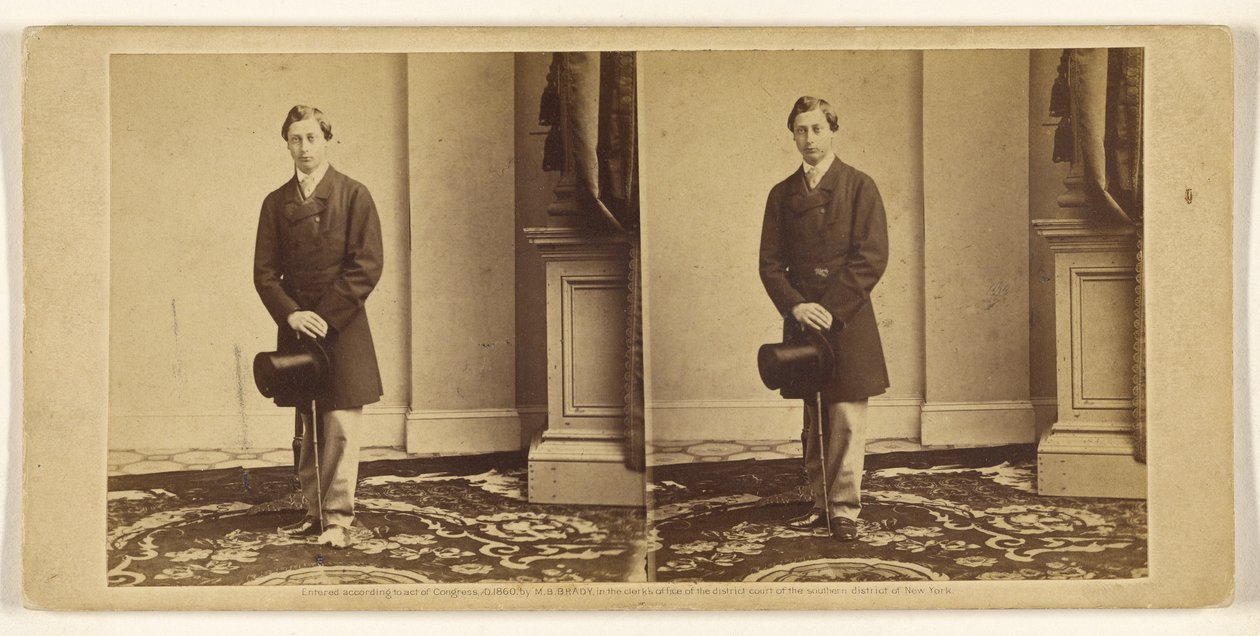 [Oidentifierad ung man stående med hög hatt och promenadkäpp] av Mathew B. Brady