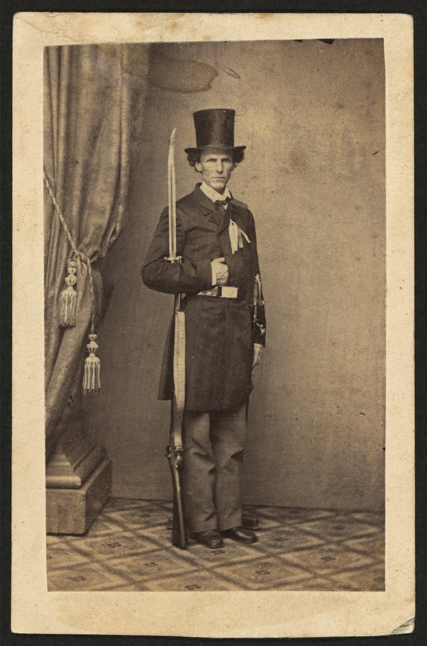 James Henry Lane (1814-1866), politiker och ledare för Free State Party of Kansas, fullängdsporträtt, med pistol (sepiafoto) av Mathew B. Brady