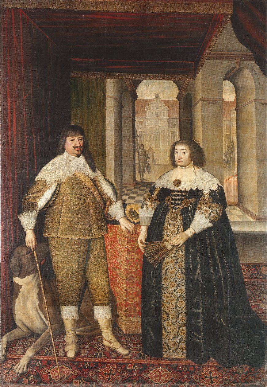 Porträtt av George William, kurfursten i Brandenburg och hans gemål Elizabeth Charlotte av Pfalz och en mastiff av Mathias Czwiczek