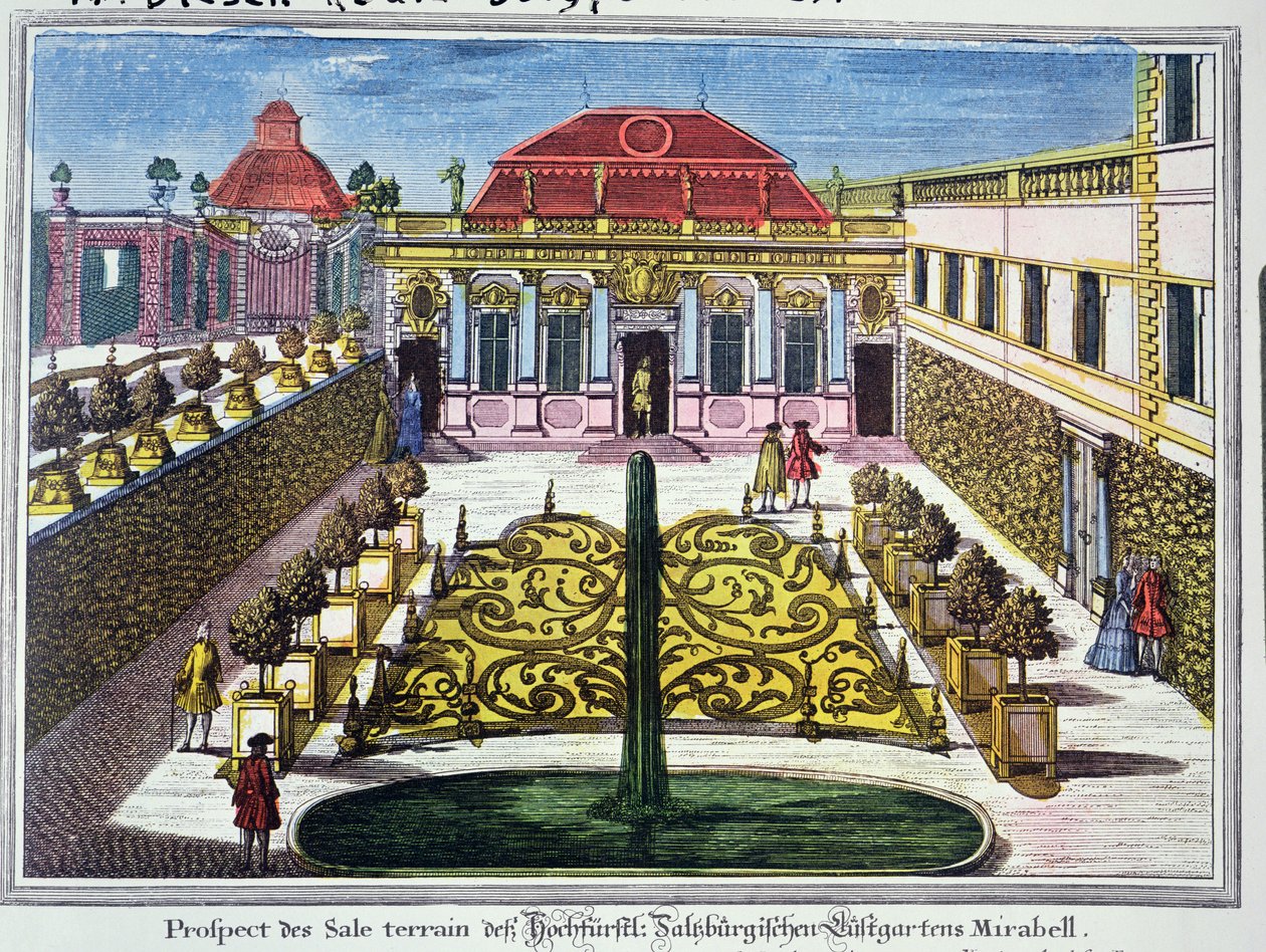 Mirabelleparkens trädgårdar, Salzburg, Österrike, graverade av Karl Remshardt (1678-1735) c.1720 (färgstick) av Mathias Diesel
