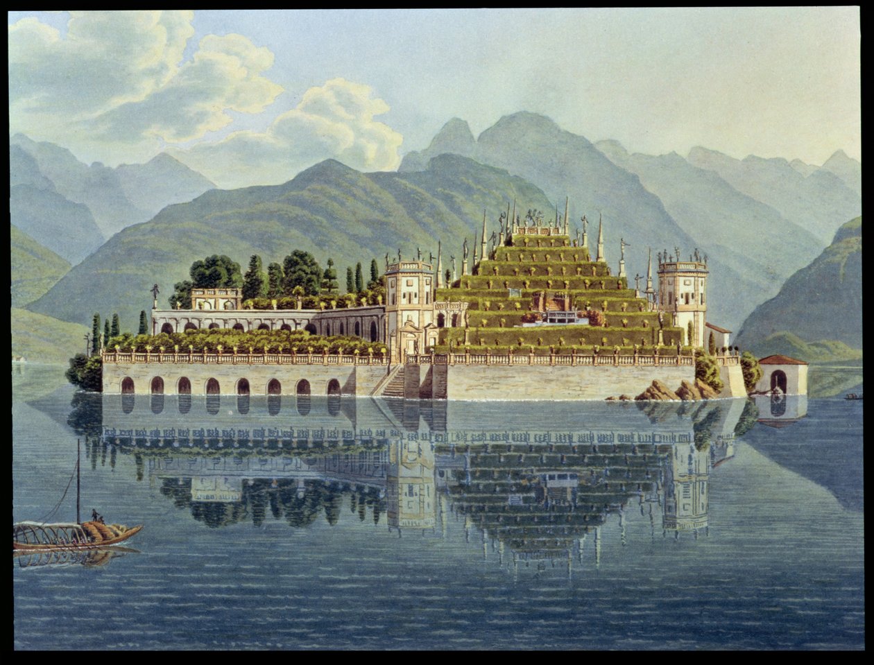 Isola Bella, Lago Maggiore: terrasserade trädgårdar, från "Le Simplon, Voyage Pittoresque de Geneve a Milan", publicerad 1819. av Mathias Gabriel Lory