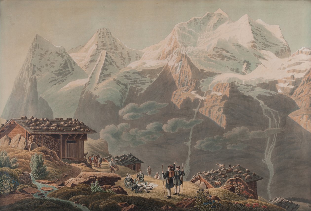 Jungfrau, Münch, Eiger från Wengernalp 1822 (Akvarell) av Mathias Gabriel Lory