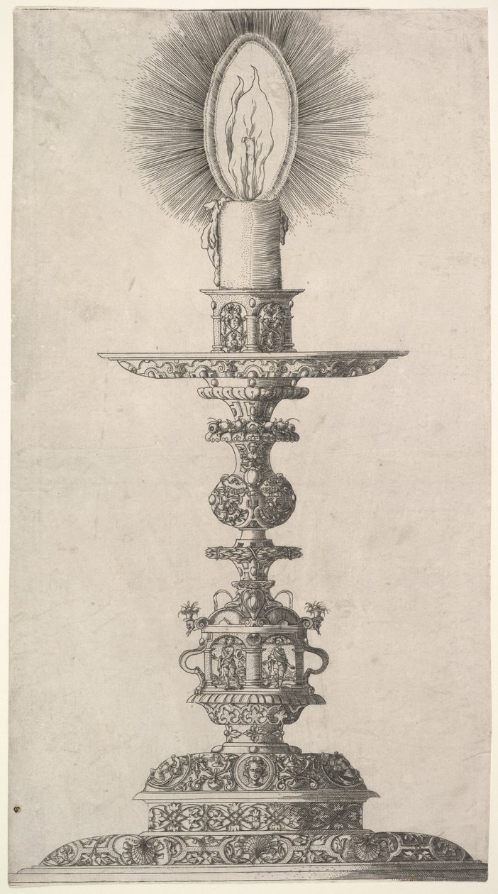 Ljusstake med tända ljus från: Insigne Ac Plane Novum Opus Cratero graphicum, Ein n..., 1551. av Mathias Zundt