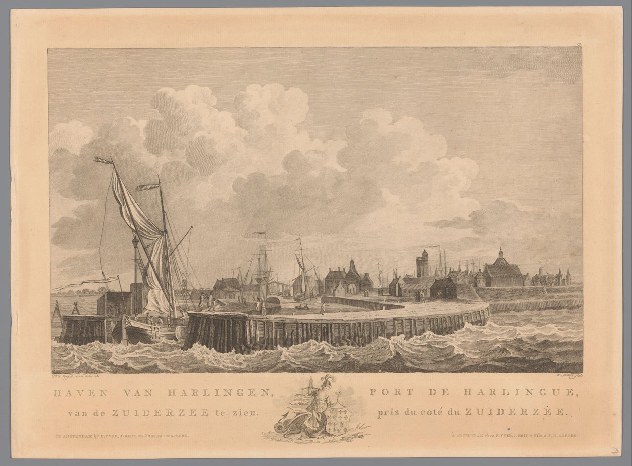 Harlingens hamn Hamnen i Harlingen från Zuiderzee att se / Port de Harlingue, pris de coté du Zuiderzee (titel på objektet) av Mathias de Sallieth