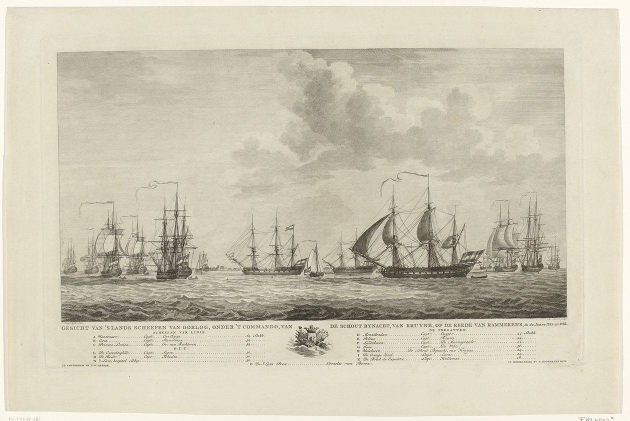 Holländsk krigsflotta utanför Rammekens, 1782-1783 Utsikt över landets krigsfartyg, under befäl av konteramiralen van Kruyne, på Rammekens väggård i den Jaare 1782 och 1783 (titel på objektet) av Mathias de Sallieth