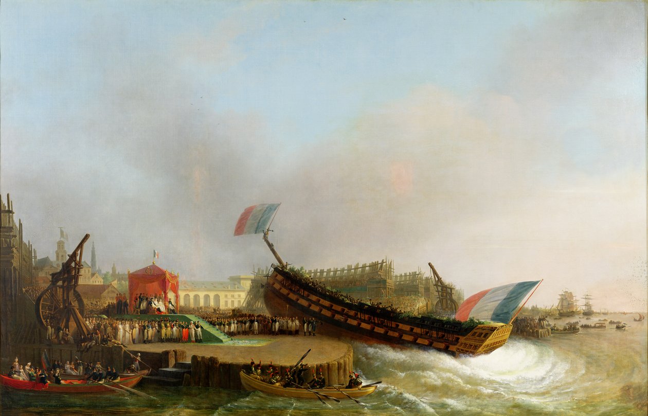 Napoleon (1769-1821) och Marie-Louise (1791-1847) vid lanseringen av "The Friedland" i Antwerpen, 2 maj 1810 av Mathieu Ignace van Bree