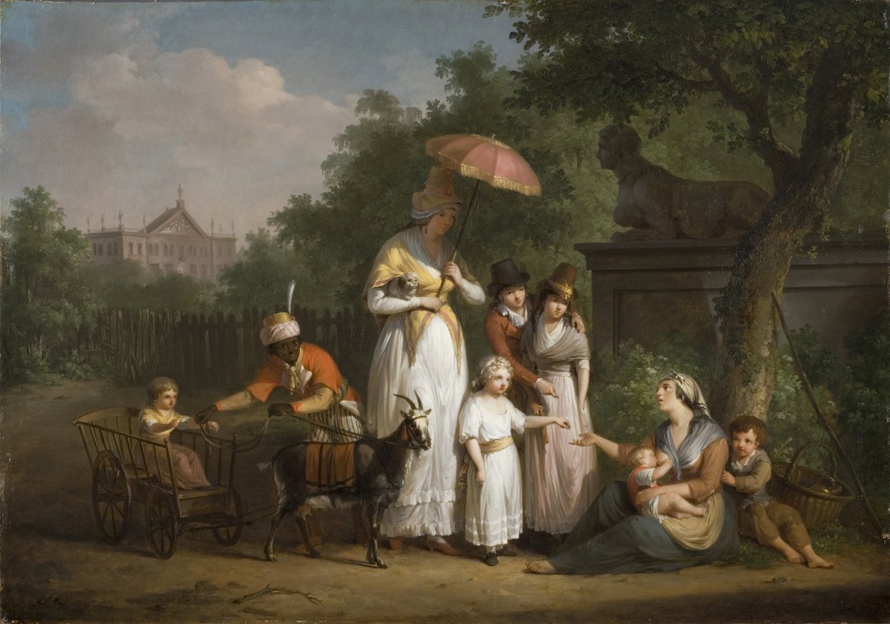En adlig familj delar ut allmosor i en park - A Noble Family Distributing Alms in a Park, av Bree, Mathieu Ignace van (1773-1839). olja på trä av Mathieu Ignace van Bree