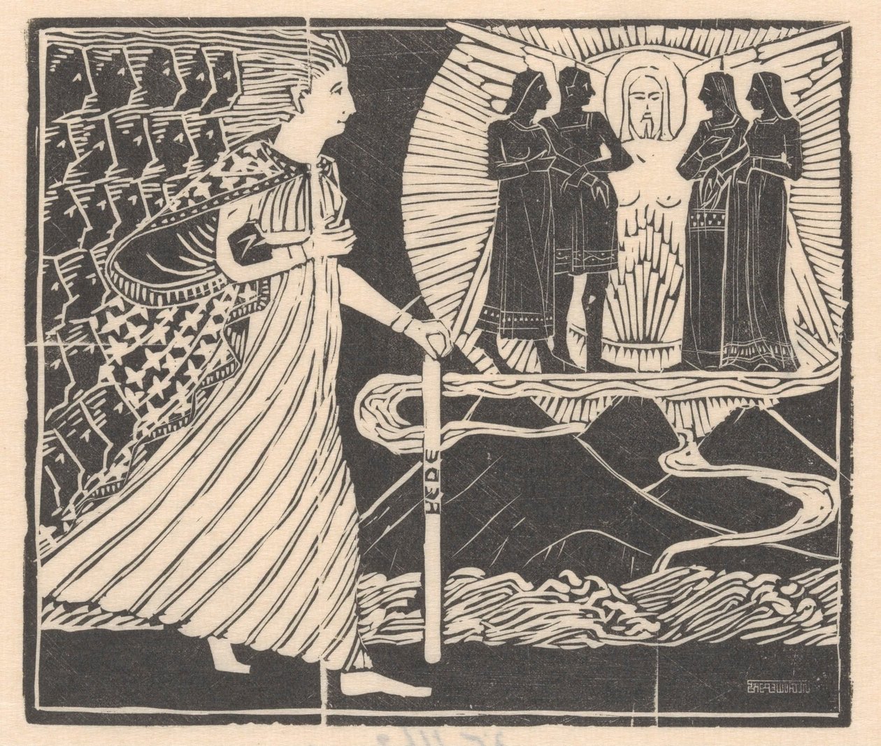 Gå kvinna och bevingad figur av Mathieu Lauweriks