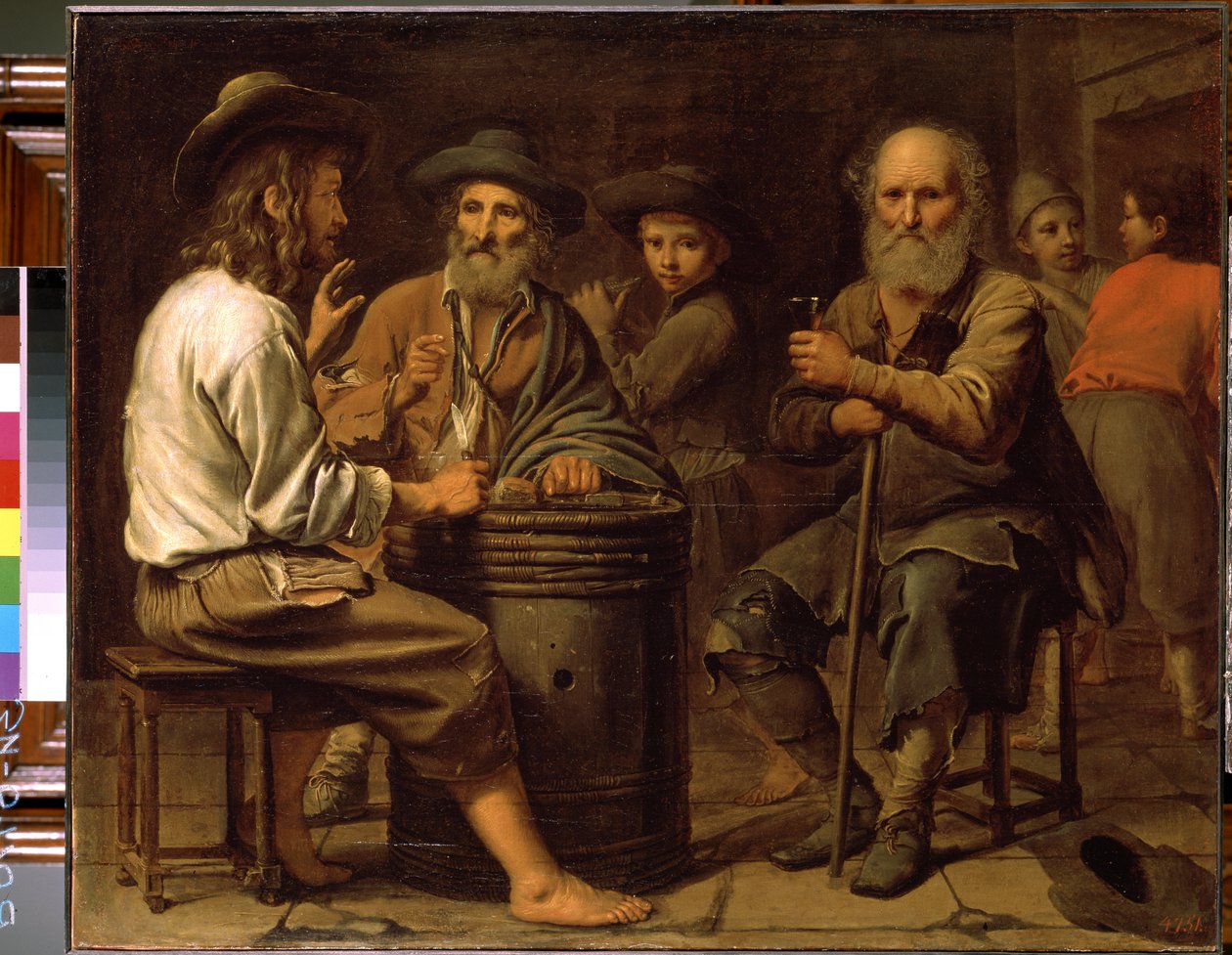 Bönder på ett värdshus. (Bönder på en krog). Tre män vid bordet dricker vin och äter ost serverad av en ung pojke, på en tunna. Målning av Mathieu Le Nain (1607-1677), cirka 1640. Olja på duk. Eremitagemuseet, Sankt Petersbou av Mathieu Le Nain