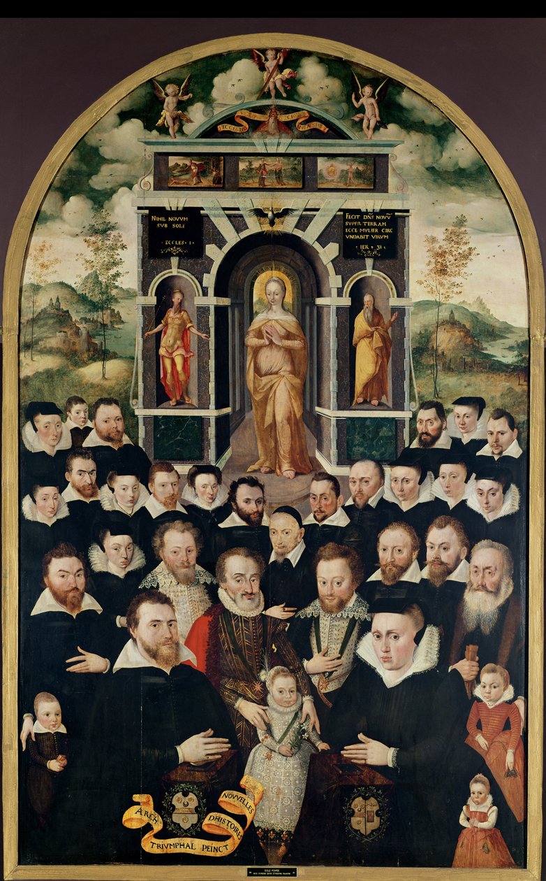 Allegorisk panel föreställande Jungfrun, Henri IV (1553-1610) och hovmän, donatorer, hans fru och medlemmar av deras familj av Mathieu Prieur