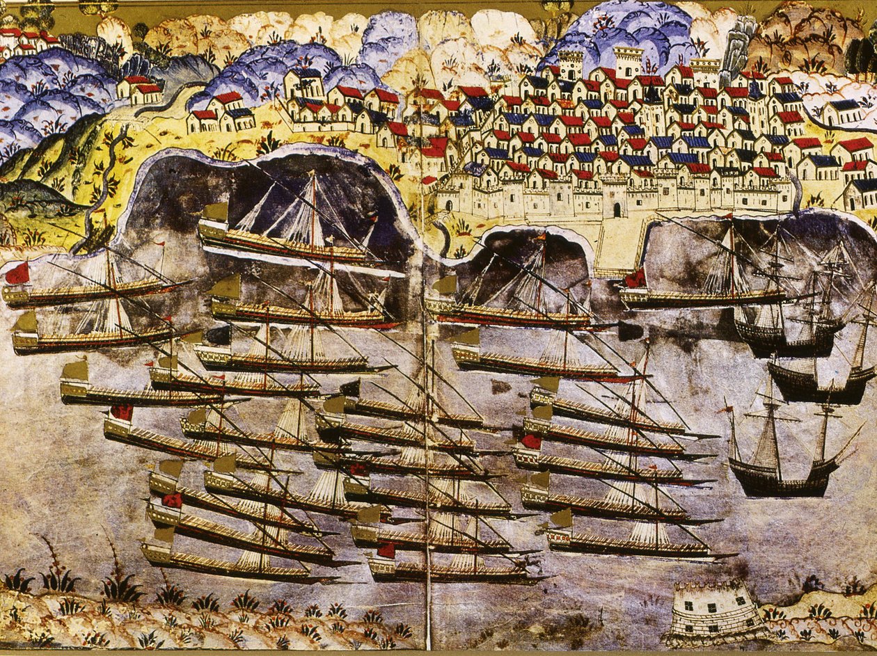 Barbarossas flotta övervintrar i den franska hamnen i Toulon, 1543, mitten av 1500-talet av Matrakci Nasuh
