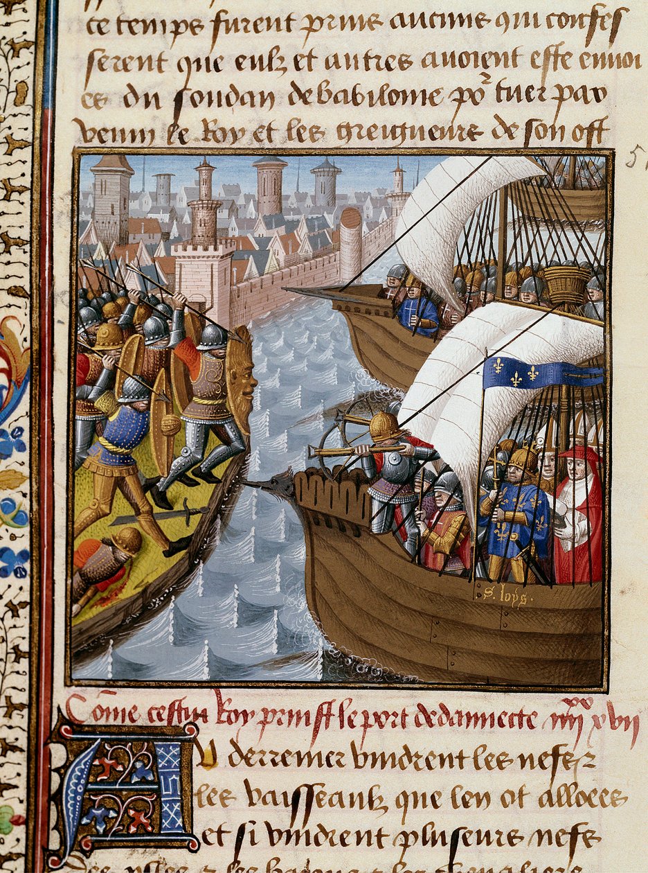 Sjunde korståget: Kung Saint Louis (1214-1270) och övergångarna som belägrade Damietta i juni 1249 i Nedre Egypten. Miniatyr hämtad från manuskriptet "Speculum historiale"" (Le Mirror historial) av Vincent de Beauvais (1184/94-1264) upplyst av Mästaren av Maître François