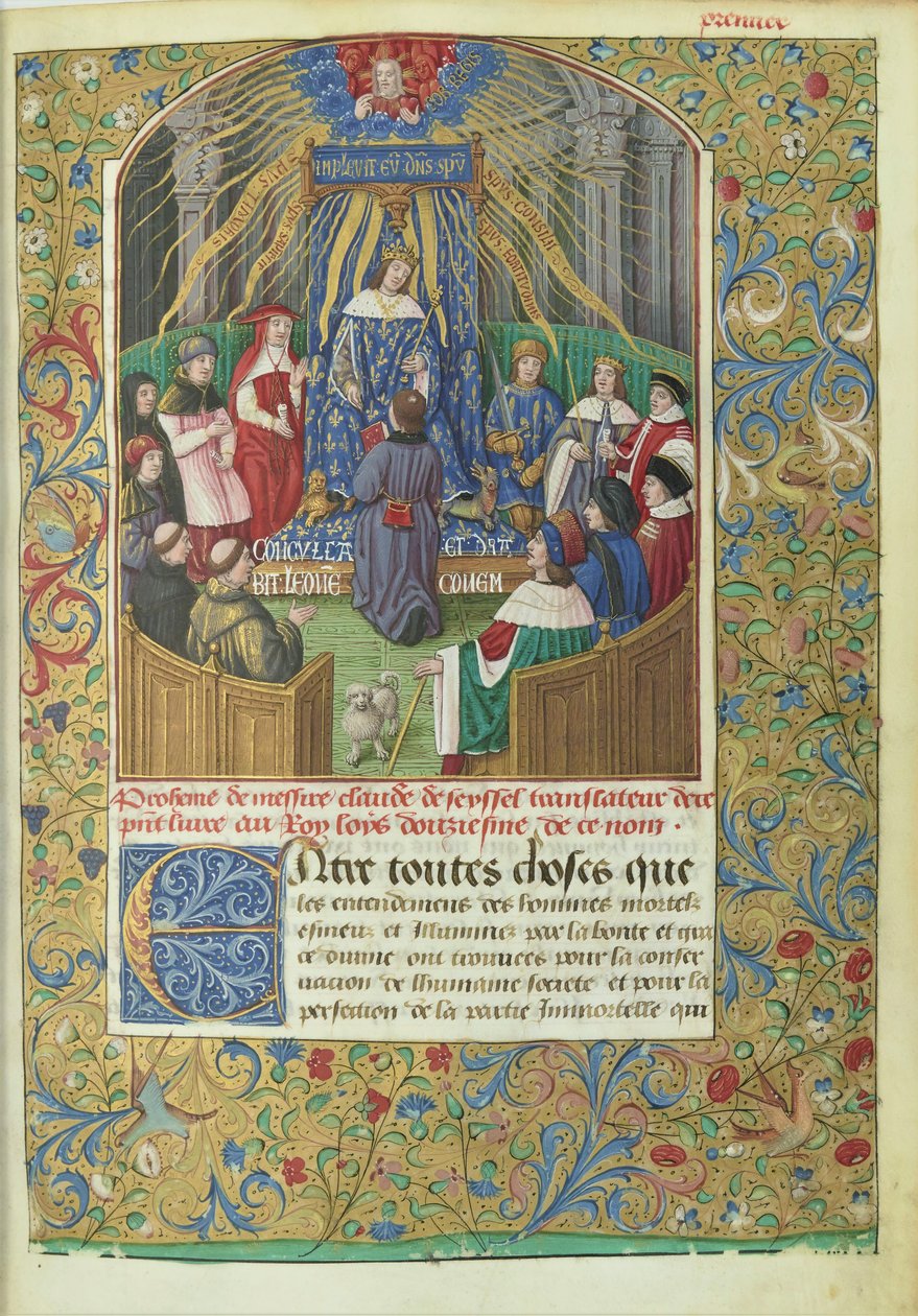 Xenofons Anabasis översatt av Claude de Seyssel: dedikationsscen, manuskriptet är en gåva från översättaren till Ludvig XII. av Maitre de Philippe de Gueldre