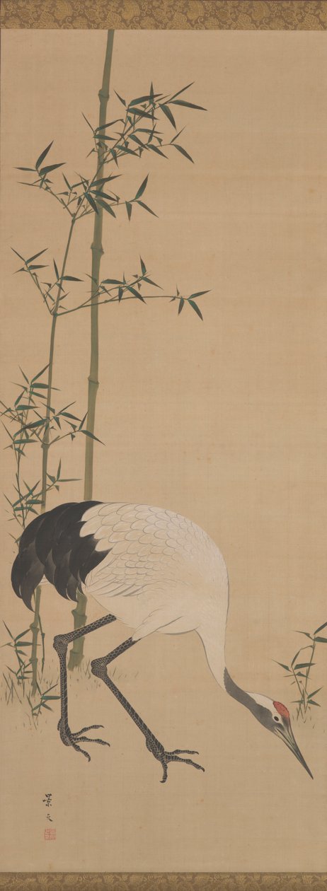 Tranor, bambu och tall, Edo-period (bläck & vattenhaltiga färger på siden) av Matsumura Keibun