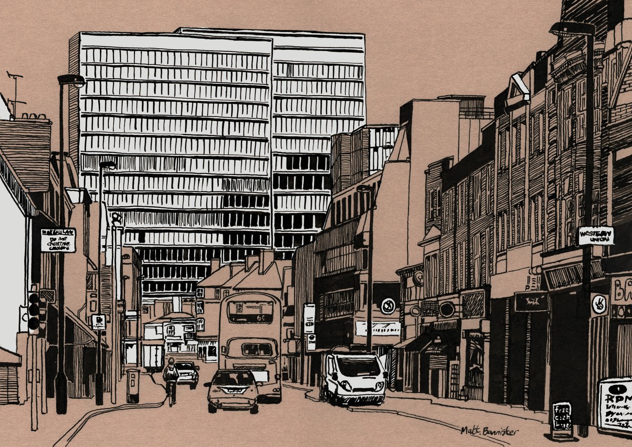 South End - Croydon, 2016 (akrylfärg på kartong) av Matt Bannister
